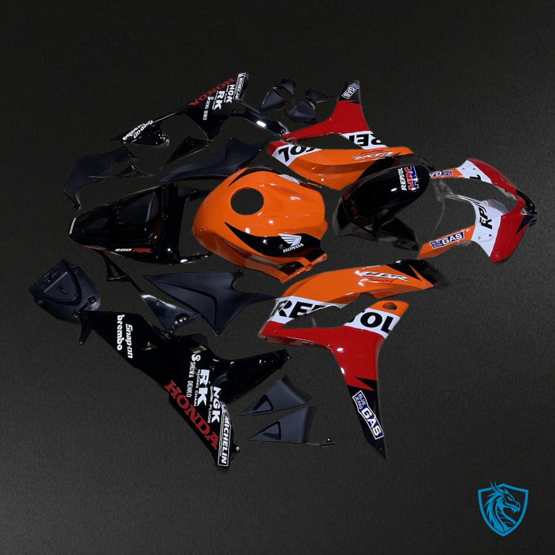 Honda CBR600RR (2007-2008) Black, Orange & White Repsol - Custom ABS Fairing Kit