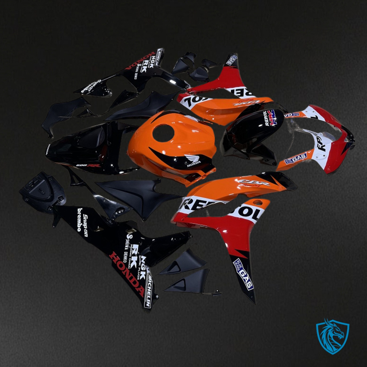 Honda CBR600RR (2007-2008) Black, Orange & White Repsol - Custom ABS Fairing Kit
