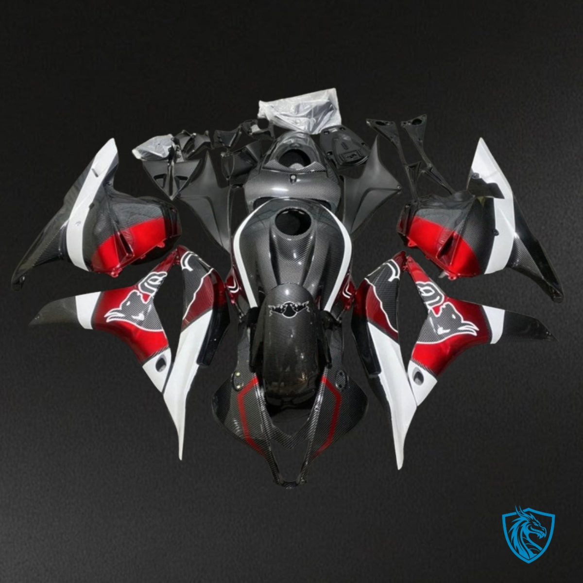 Honda CBR600RR (2009-2012) Black, White & Red Carbon Fabric Fairing Kit | ABS Bodywork