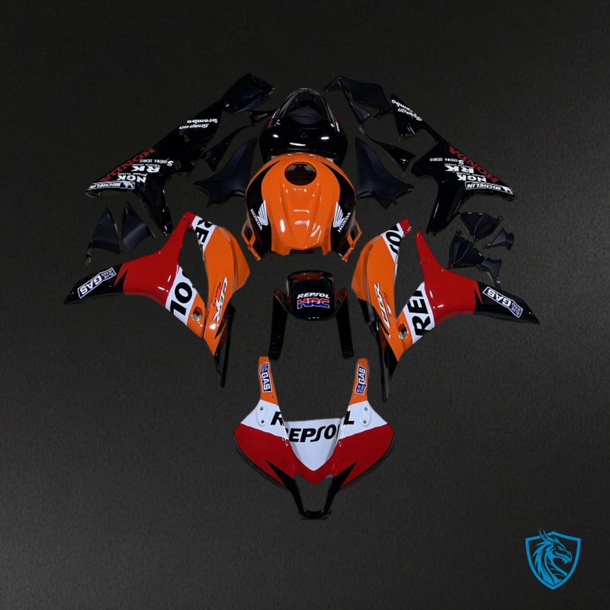 Honda CBR600RR (2007-2008) Black, Orange & White Repsol - Custom ABS Fairing Kit