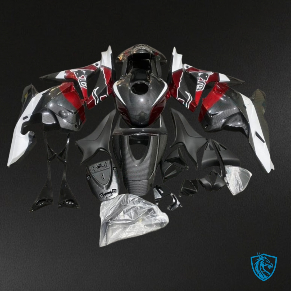 Honda CBR600RR (2009-2012) Black, White & Red Carbon Fabric Fairing Kit | ABS Bodywork