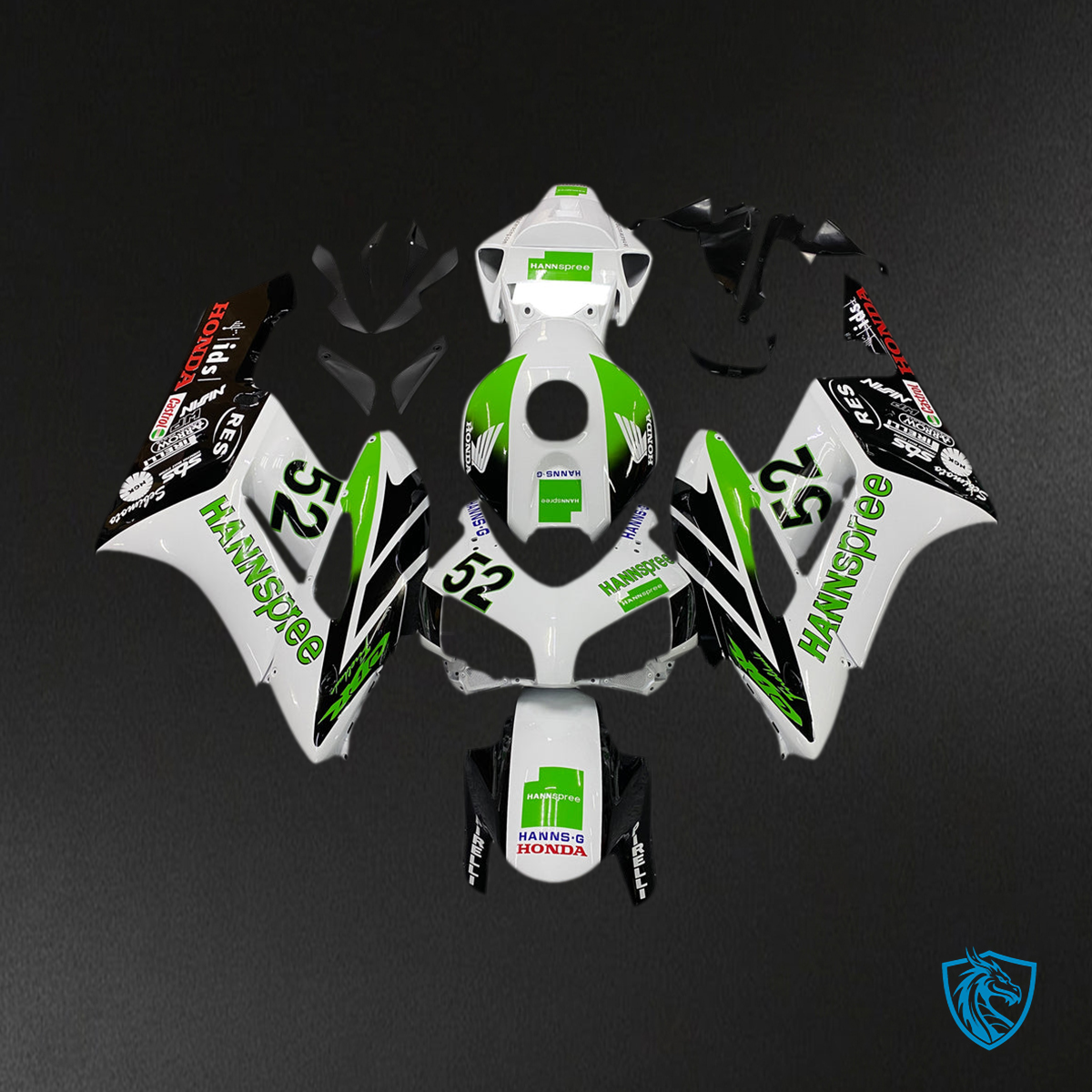 Honda CBR1000RR (2004-2005) White, Green & Black No. 52 Hannspree - Custom ABS Fairing Kit