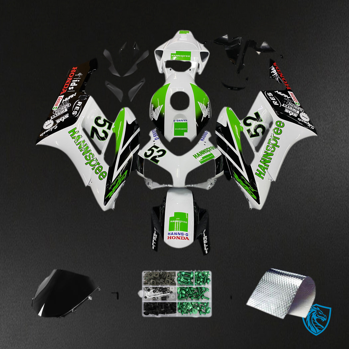 Honda CBR1000RR (2004-2005) White, Green & Black No. 52 Hannspree - Custom ABS Fairing Kit