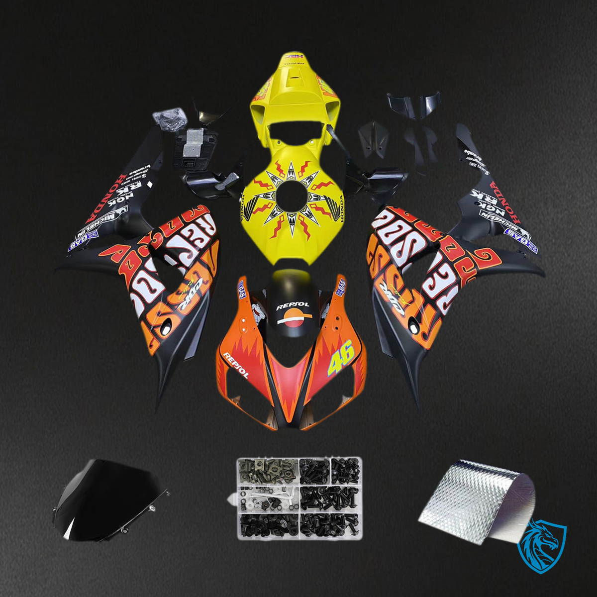 Honda CBR1000RR (2006-2007) Black, Yellow & Red Valentino Rossi - MERGEment Motorcycle Fairings Kit