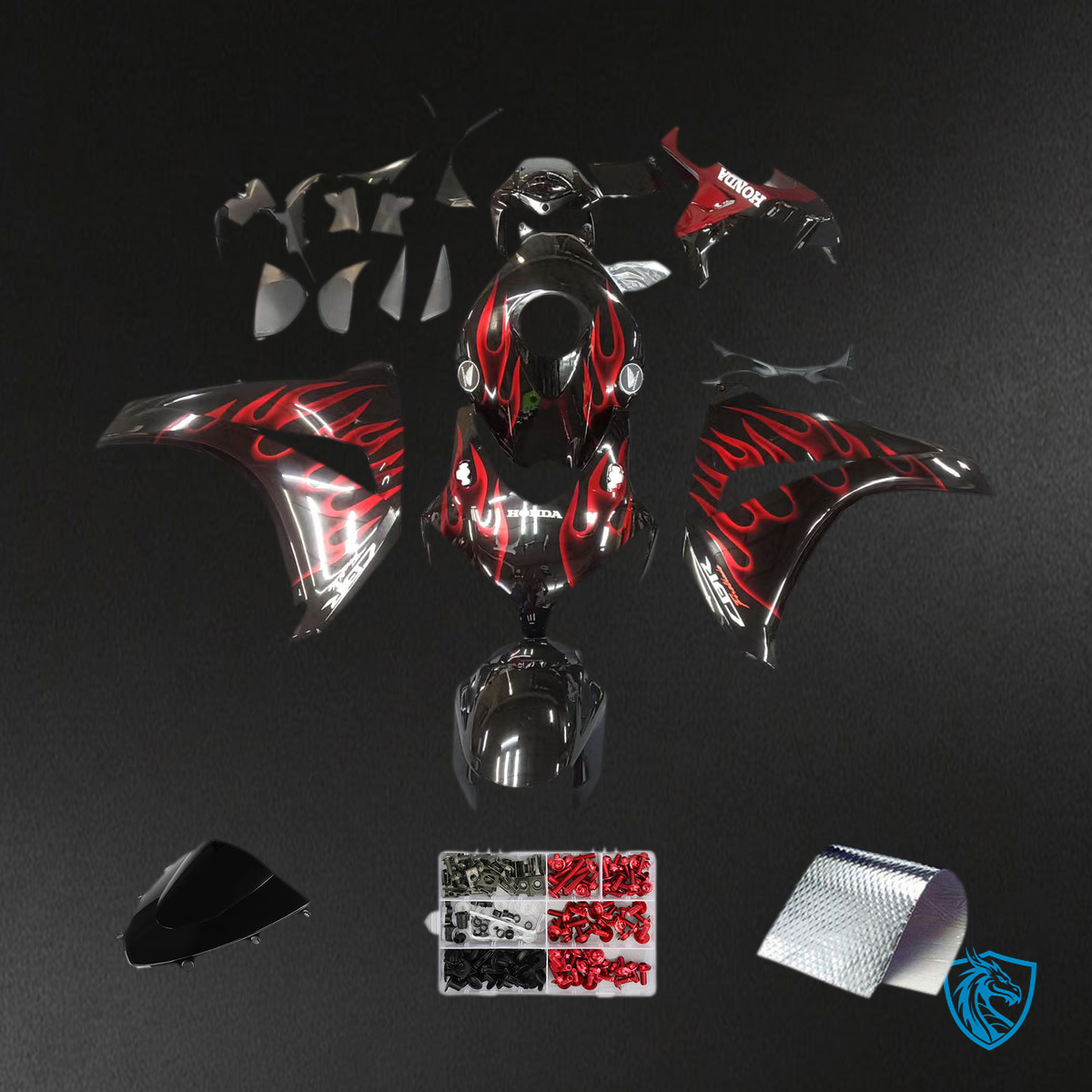 Honda CBR1000RR (2008-2011) Black & Cherry Red Flame Generic - Custom ABS Fairing Kit
