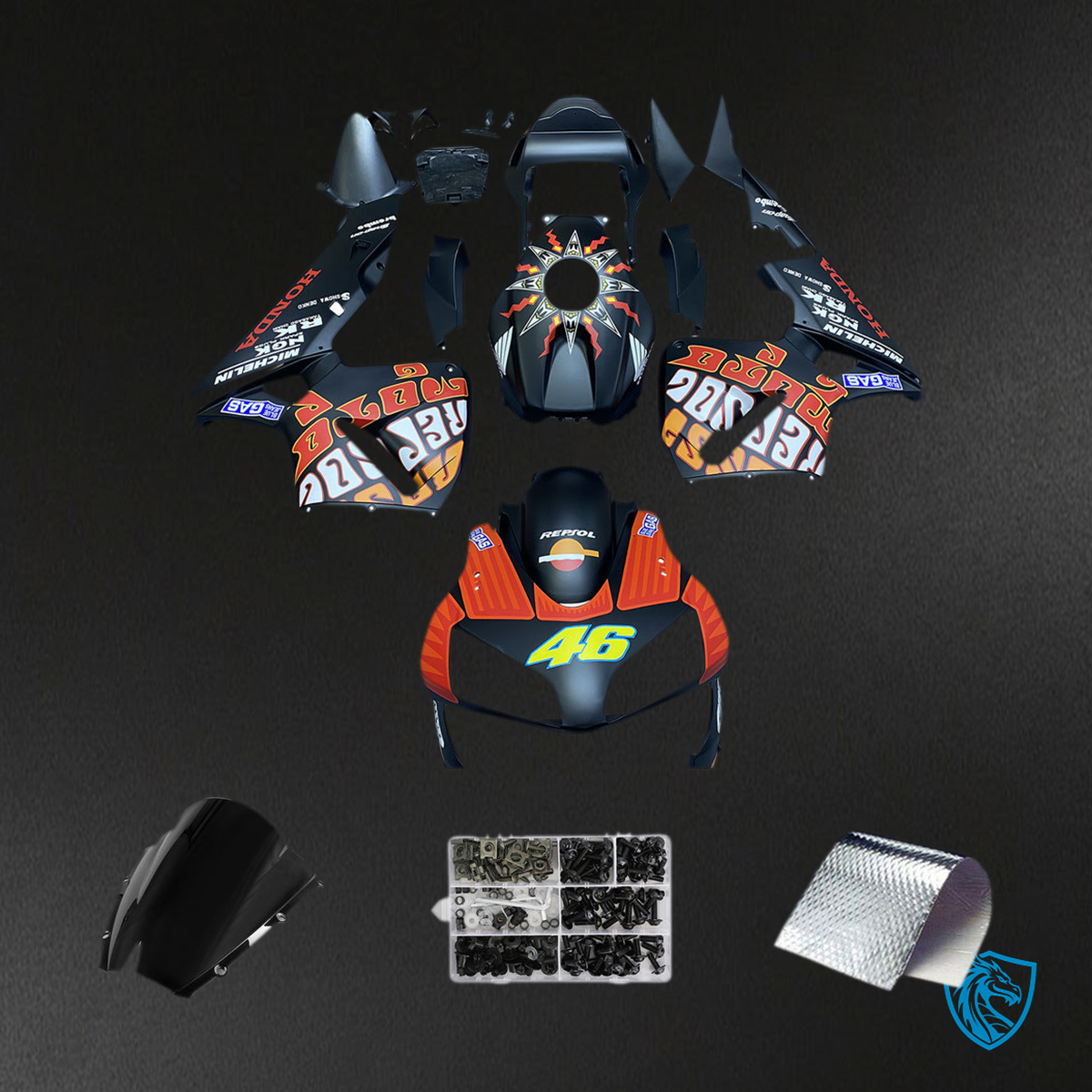 Honda CBR600RR (2003-2004) Black Matt Valentino Rossi Generic Fairings Kit | ABS Bodywork