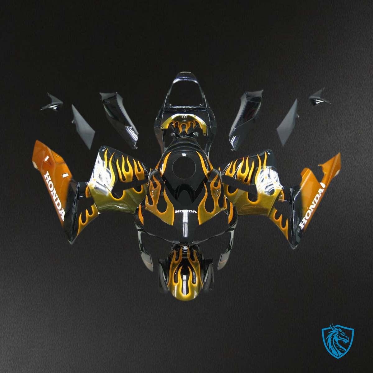 Honda CBR600RR (2003-2004) Black & Gold Flame Generic - Custom ABS Fairing Kit