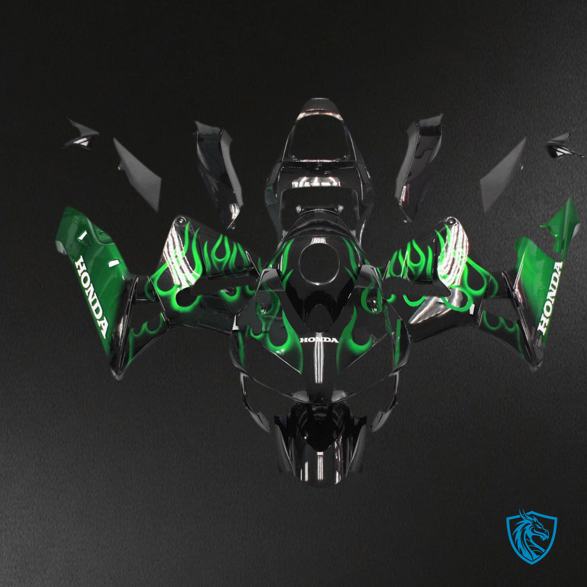 Honda CBR600RR (2003-2004) Black & Green Flame Generic Fairings Kit | ABS Bodywork