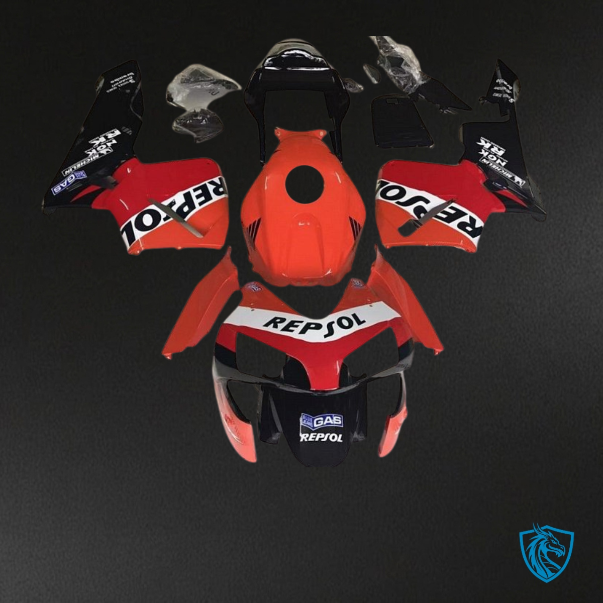 Honda CBR600RR (2003-2004) Black, Red & Orange Repsol - MERGEment Motorcycle Fairings Kit