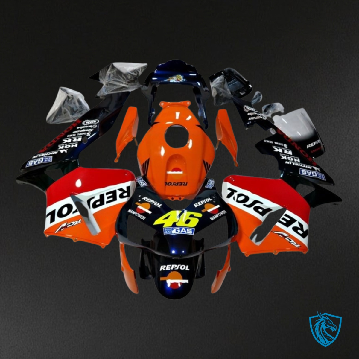 Honda CBR600RR (2003-2004) Black, Red & Orange Repsol - Custom ABS Fairing Kit