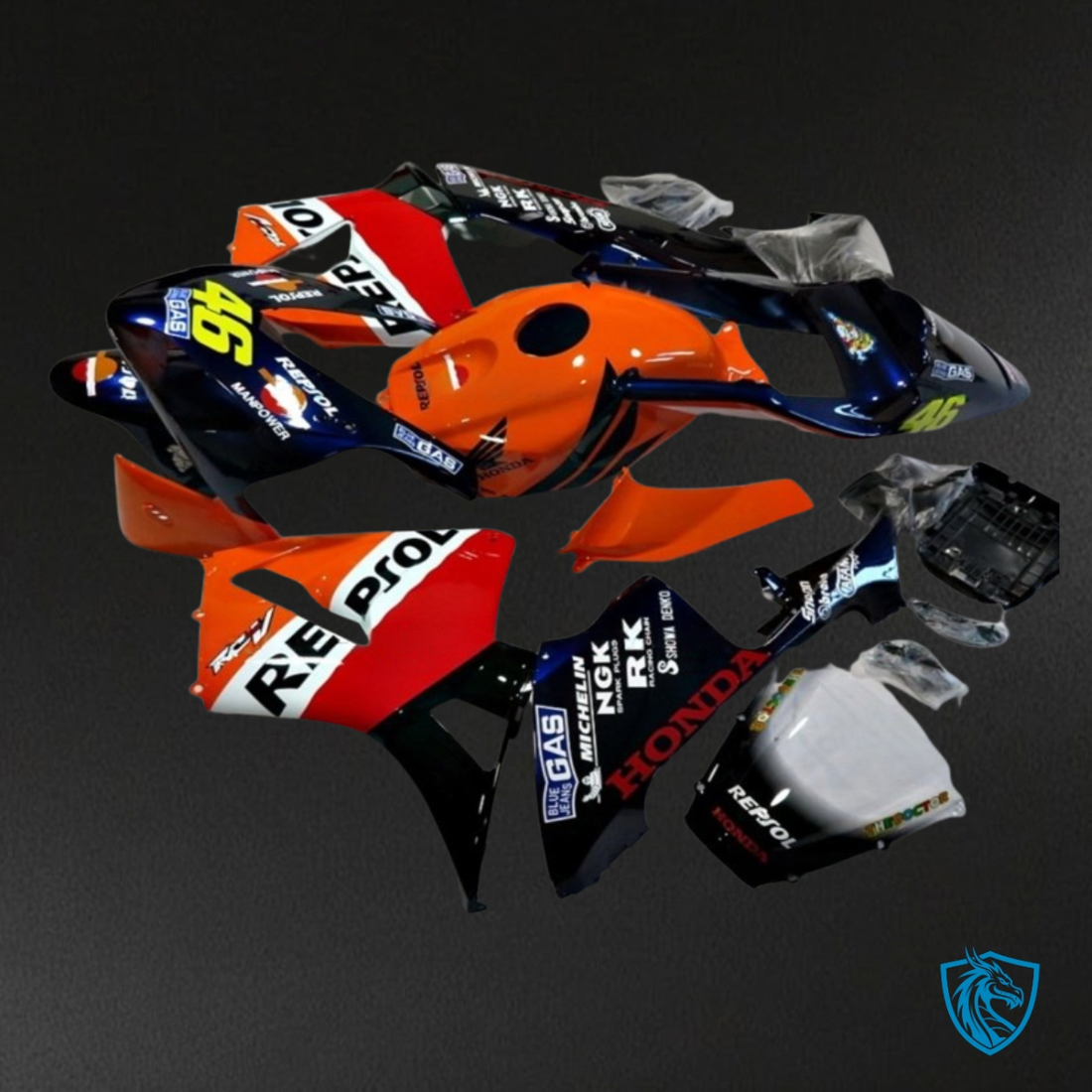 Honda CBR600RR (2003-2004) Black, Red & Orange Repsol - Custom ABS Fairing Kit