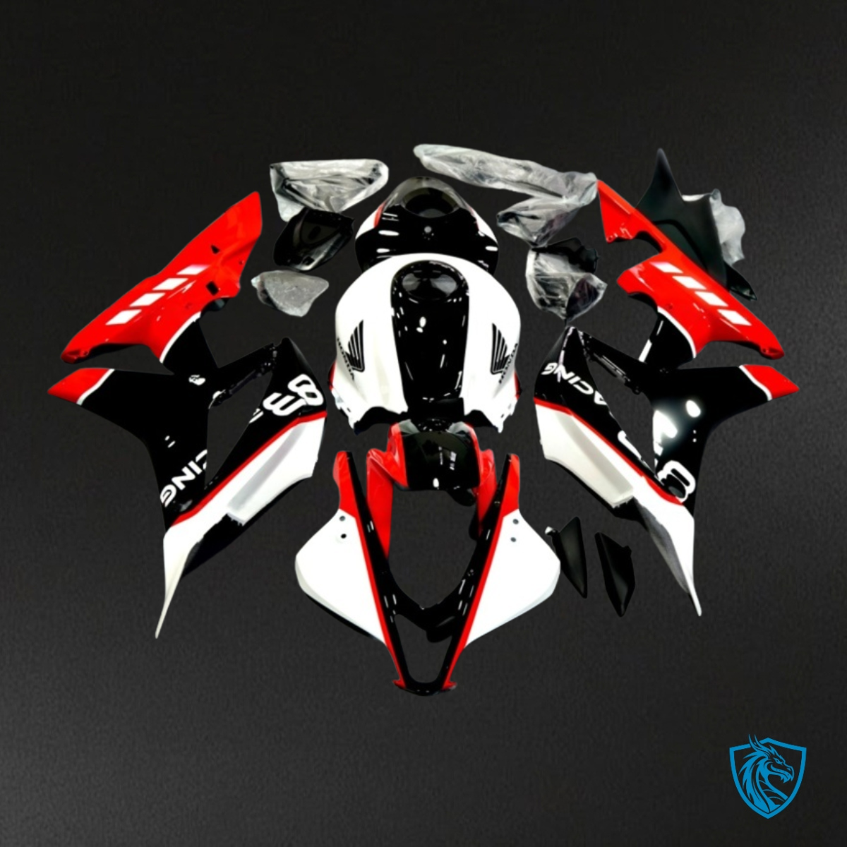 Honda CBR600RR (2007-2008) Black, Red & White Fairing Kit - Aftermarket ABS Bodywork