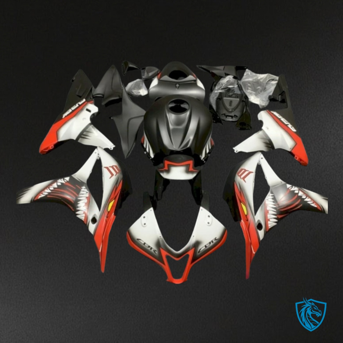Honda CBR600RR (2007-2008) Matte Black, White & Shark Red - Custom ABS Fairing Kit