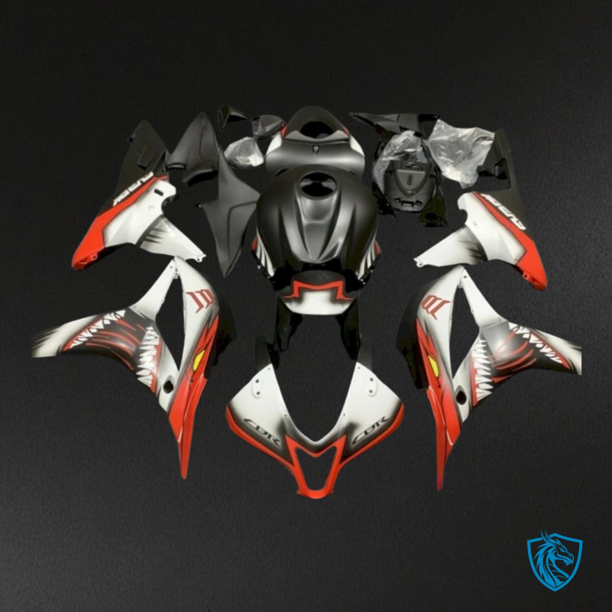 Honda CBR600RR (2007-2008) White, Red & Black Shark Fairing Kit - Aftermarket ABS Bodywork