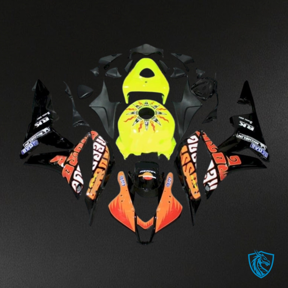 Honda CBR600RR (2007-2008) Yellow, Orange & Rossi Black Fairing Kit - Aftermarket ABS Bodywork