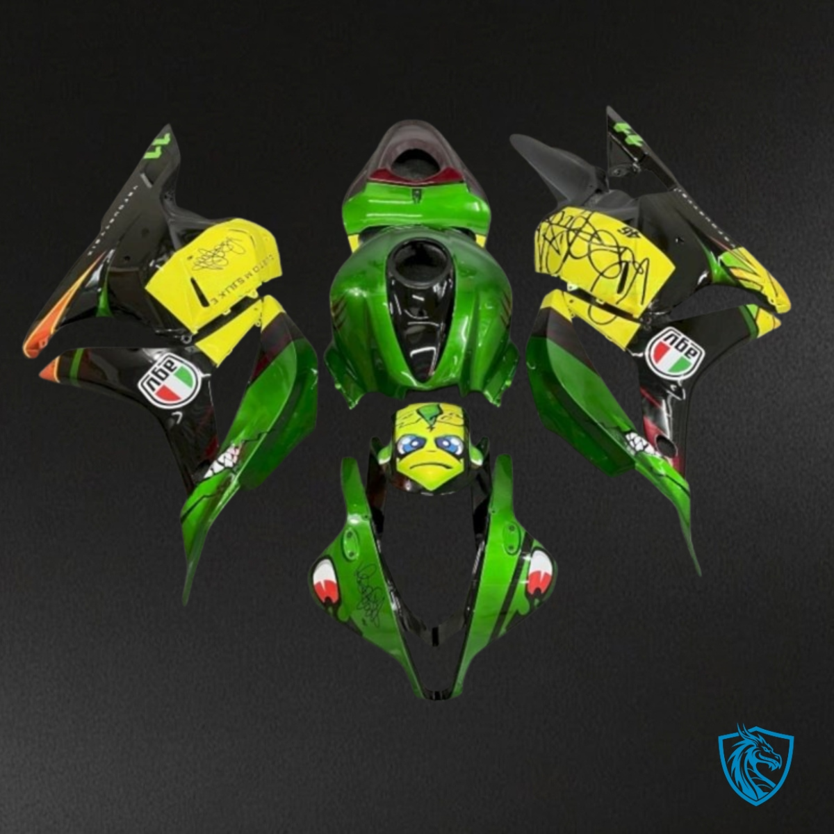 Honda CBR600RR (2009-2012) Green, Black & Yellow Shark with Print- Custom ABS Fairing Kit