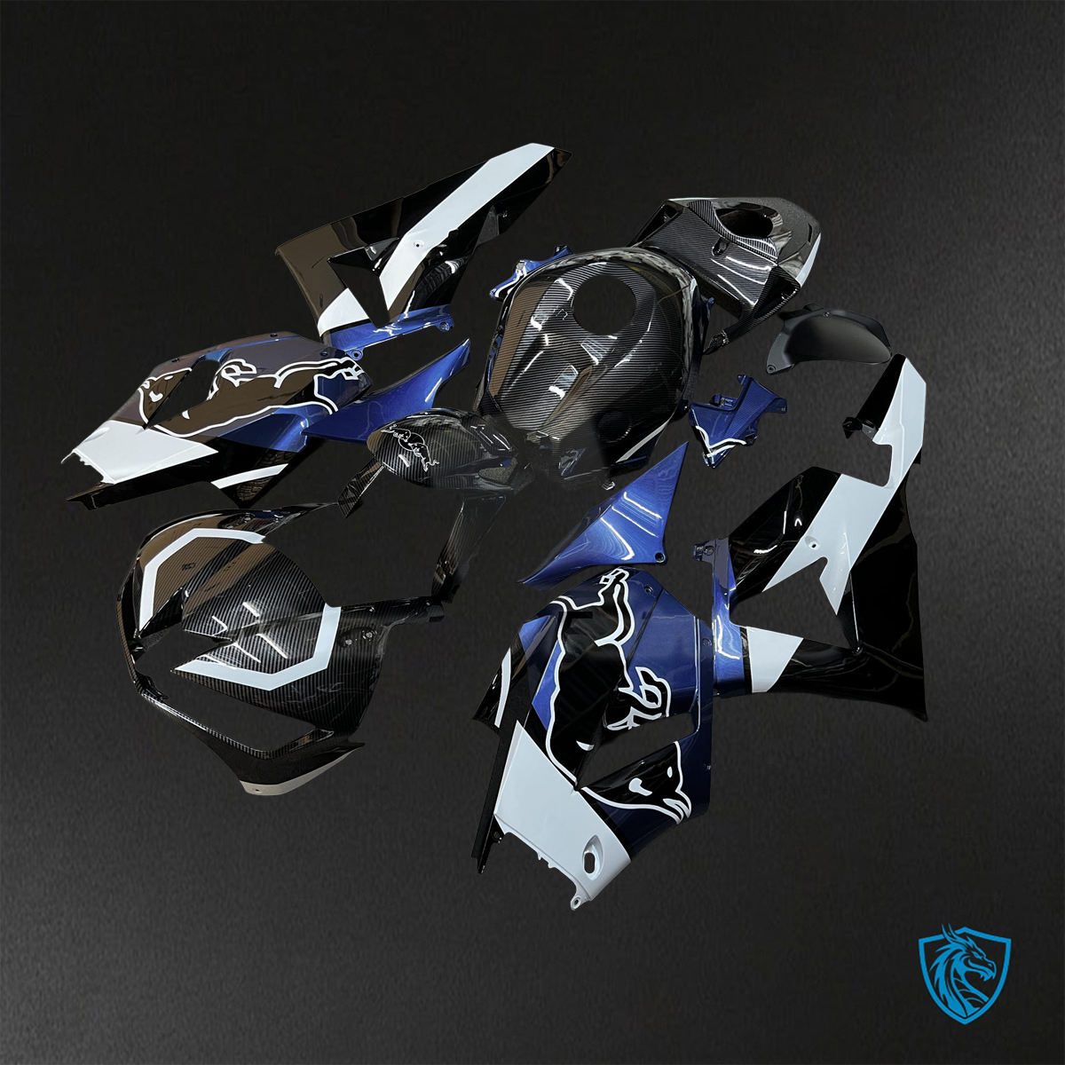 Honda CBR600RR (2013-2025) Blue, Black & White Carbon Fiber Fairings Kit - Aftermarket ABS Bodywork