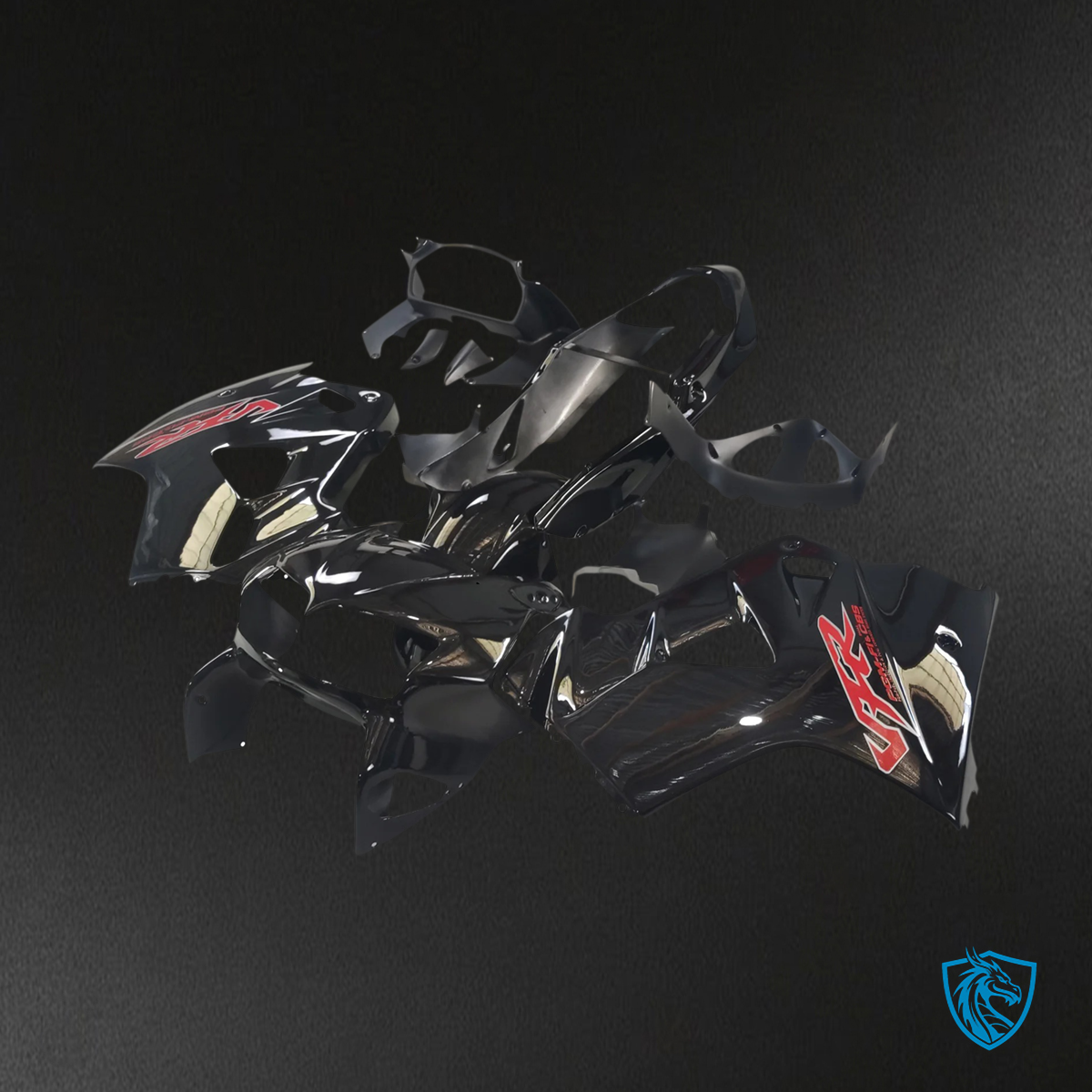 Honda VFR800 (1998-2001) Black & Red Logo ABS Fairing Kit - Rear View