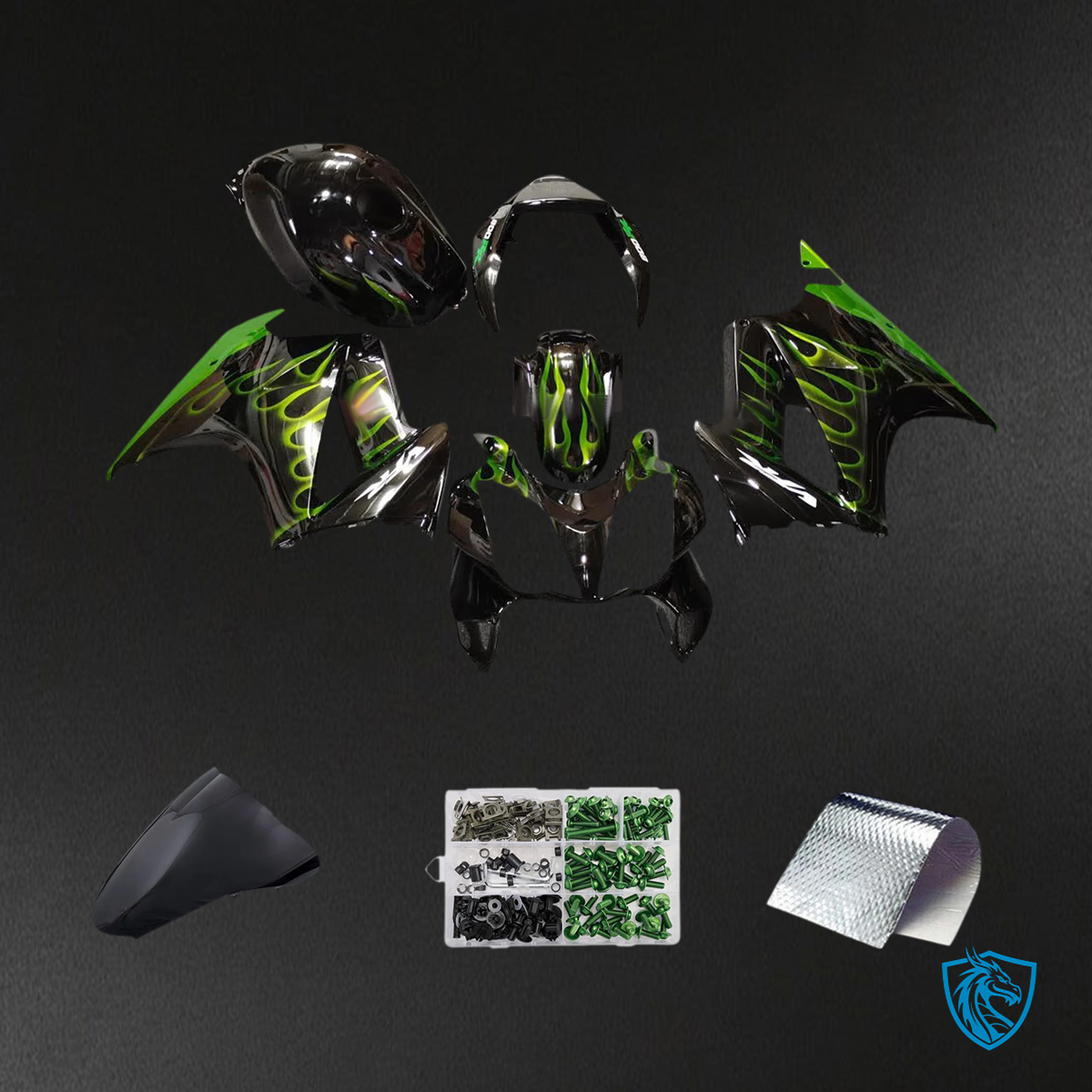 Honda VFR800 (2002-2012) Black & Dark Green ABS Fairing Kit - Front View