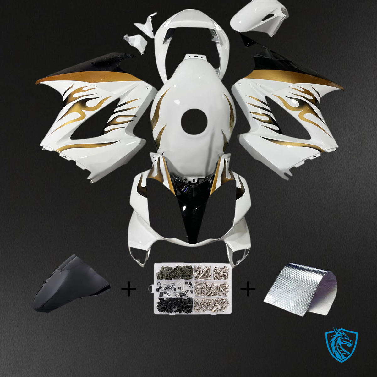 Honda VFR800 (2002-2012) White & Gold ABS Fairing Kit - Front View
