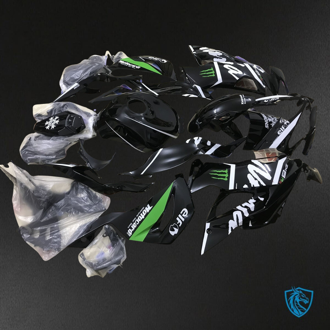 Kawasaki ZX-6R ZX636 (2019–2020) Black, Green & White Monster - Replacement Motorcycle Fairings Kit