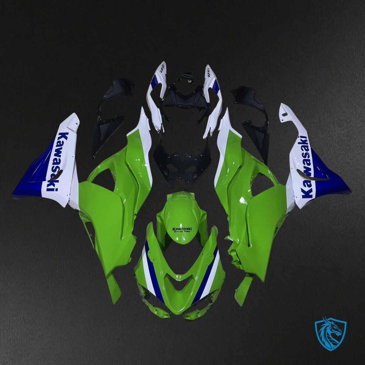 Kawasaki ZX-6R ZX636 (2023–2024) Glossy Green, Blue & White - Custom ABS Fairing Kit