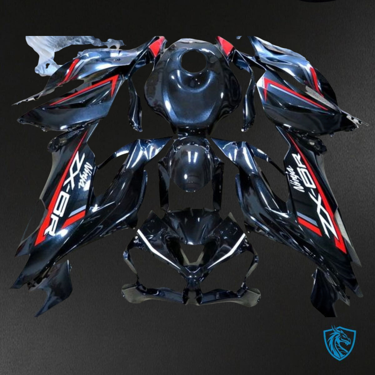 Kawasaki ZX-6R ZX636 (2019–2020) Glossy Black & Red Logos - Custom ABS Fairing Kit