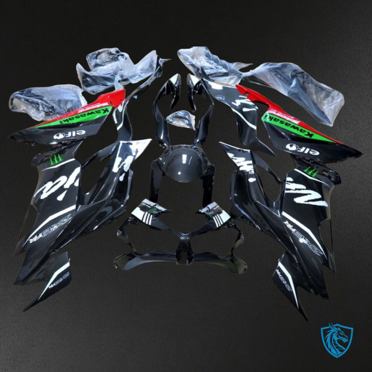 Kawasaki ZX-6R ZX636 (2019-2020) Black & White Carbon Fiber - Replacement Motorcycle Fairings Kit