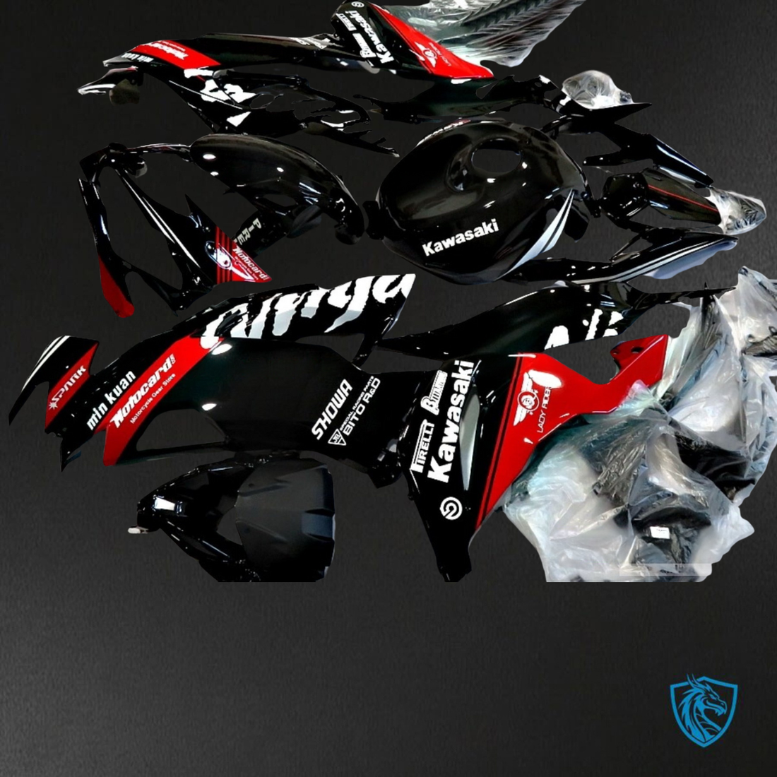 Kawasaki ZX-6R ZX636 (2019–2020) Black & Red Logos Fairings Kit - Aftermarket ABS Bodywork
