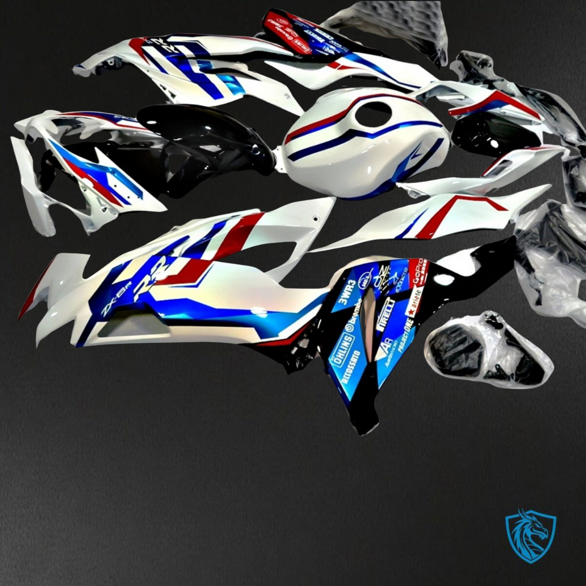 Kawasaki ZX-6R ZX636 (2019-2020) Glossy White, Blue & Red - Custom ABS Fairing Kit