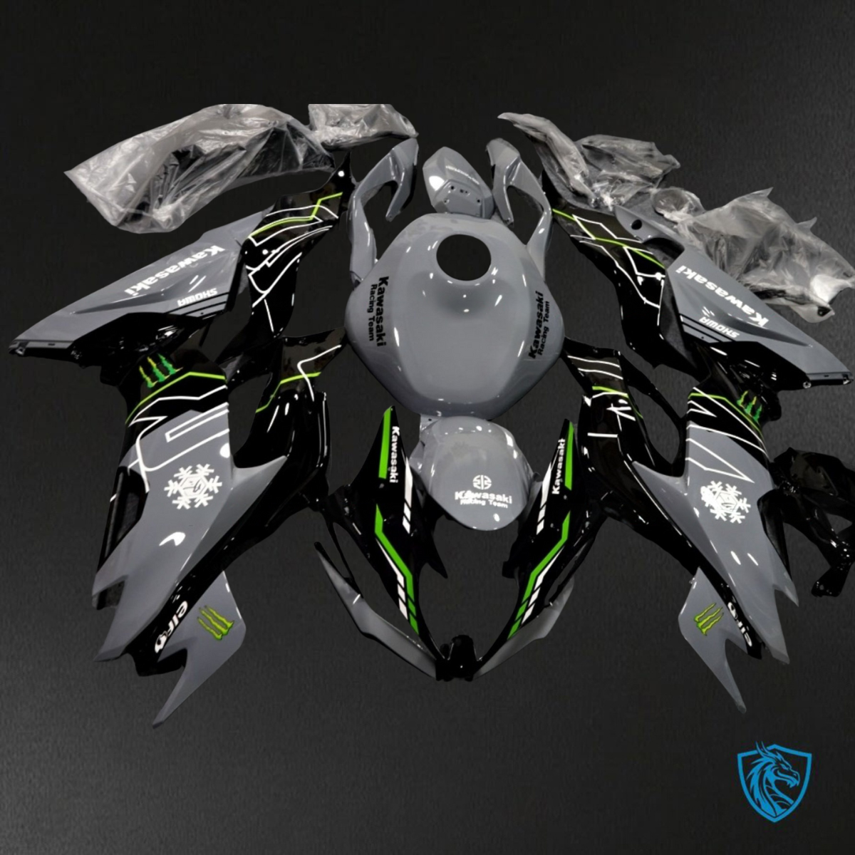 Kawasaki ZX-6R ZX636 (2019–2020) Glossy Gray, Black & Green - Custom ABS Fairing Kit