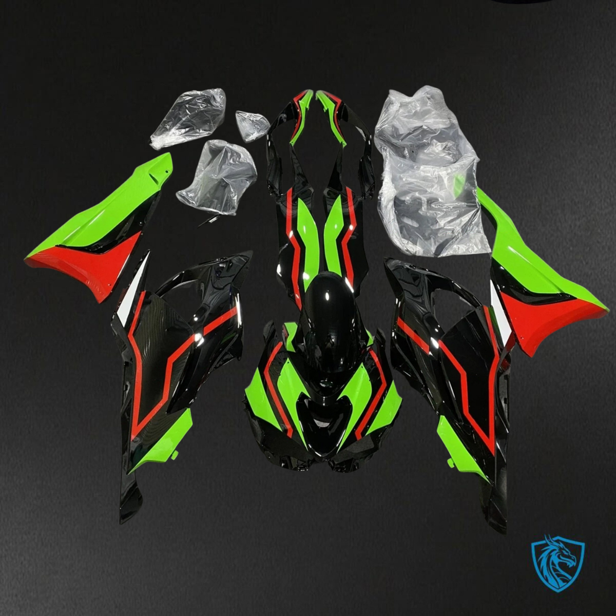 Kawasaki ZX-6R ZX636 (2023–2024) Glossy Green, Red & Black - Custom ABS Fairing Kit