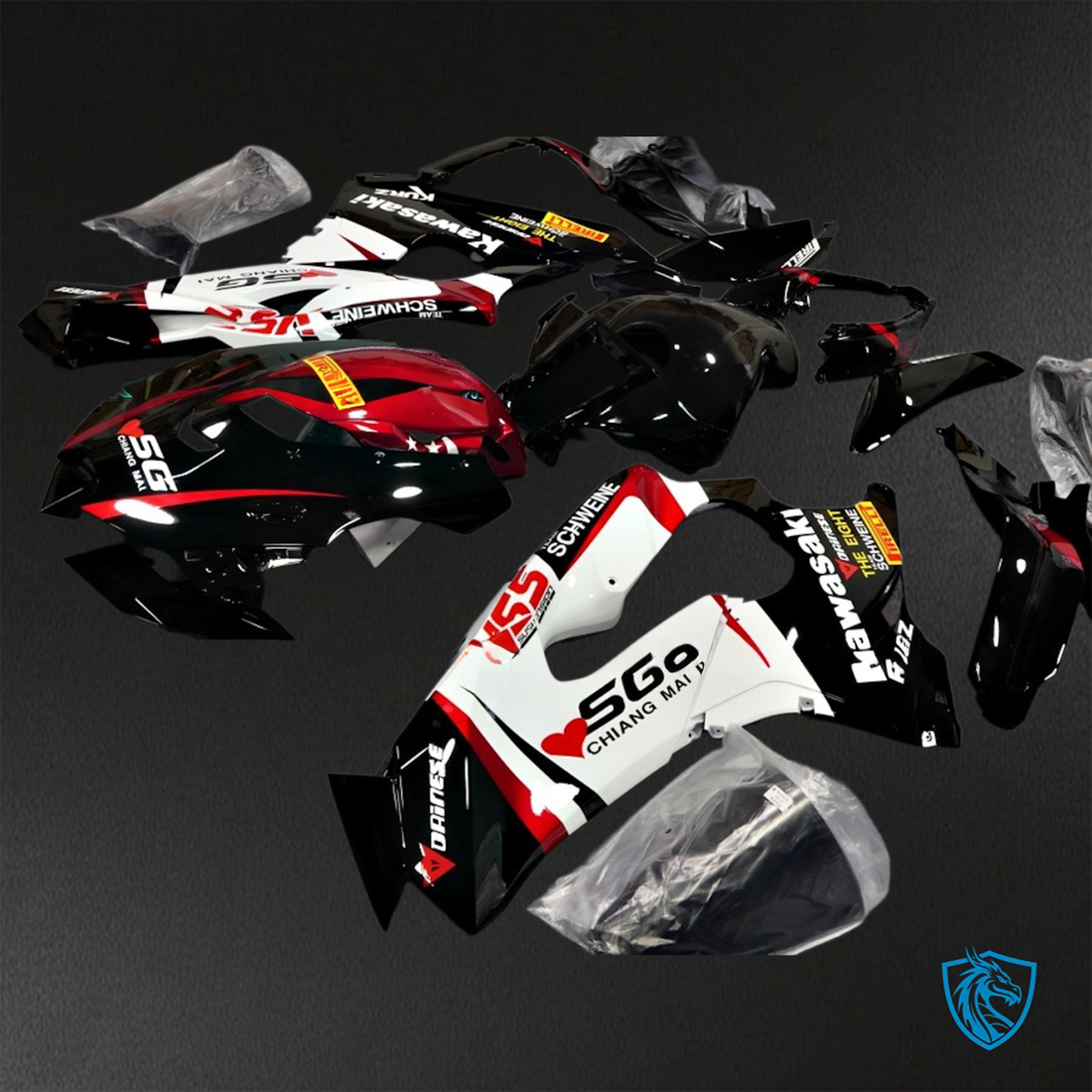 Kawasaki Ninja ZX-10R (2021-2023) Black, White & Red Logos Fairings Kit - Aftermarket ABS Bodywork