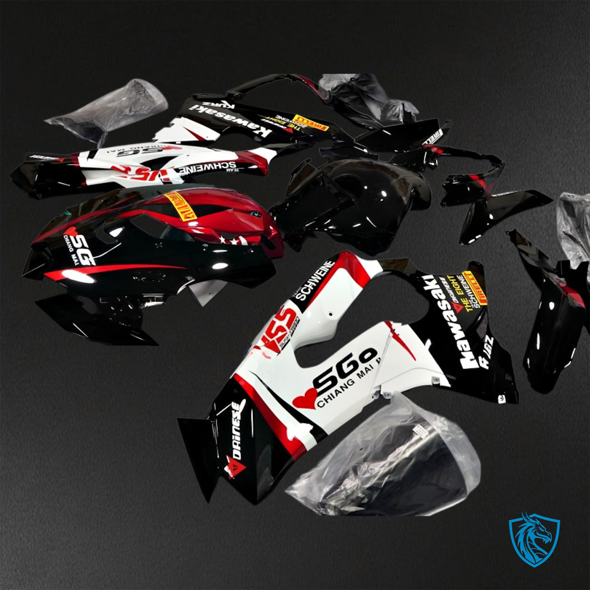 Kawasaki Ninja ZX-10R (2021-2023) Black, White & Red Logos Fairings Kit - Aftermarket ABS Bodywork