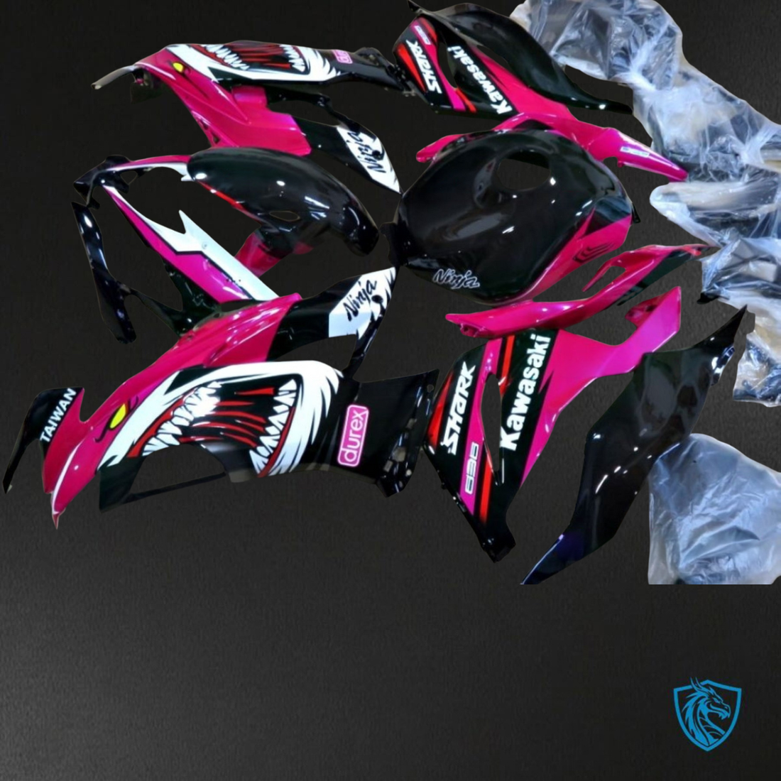 Kawasaki ZX-6R ZX636 (2019-2020) Black, White & Pink Shark Fairings Kit - Aftermarket ABS Bodywork