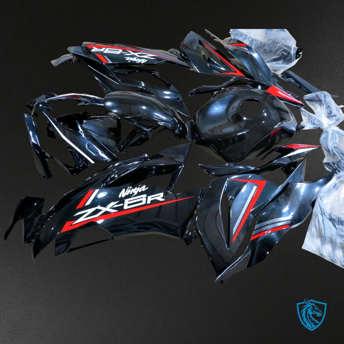 Kawasaki ZX-6R ZX636 (2019–2020) Glossy Black & Red Logos - Custom ABS Fairing Kit