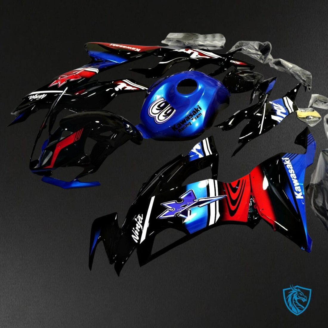 Kawasaki ZX-6R ZX636 (2019-2020) Glossy Black, Blue & Red - Replacement Motorcycle Fairings Kit