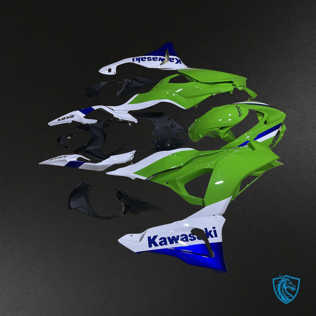 Kawasaki ZX-6R ZX636 (2023–2024) Glossy Green, Blue & White - Custom ABS Fairing Kit
