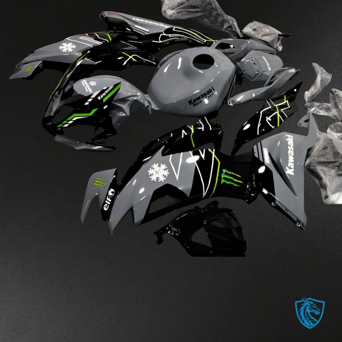Kawasaki ZX-6R ZX636 (2019–2020) Glossy Gray, Black & Green - Custom ABS Fairing Kit