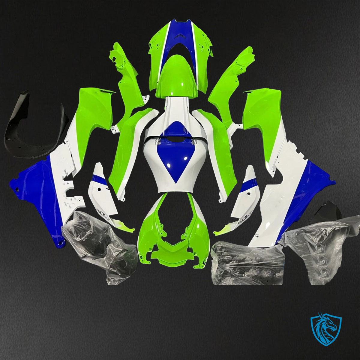 Kawasaki Ninja ZX-10R (2021-2023) Green, White & Blue Fairings Kit - Aftermarket ABS Bodywork