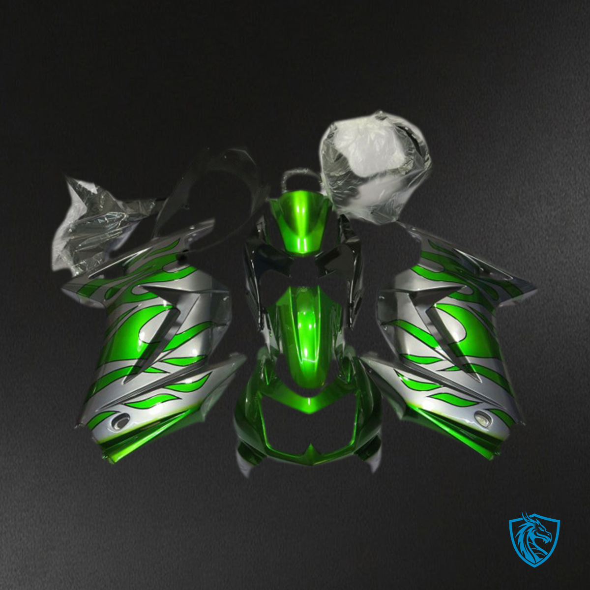 Kawasaki Ninja 250 (2008-2012) Green & Silver Flame Motorcycle - Custom ABS Fairing Kit