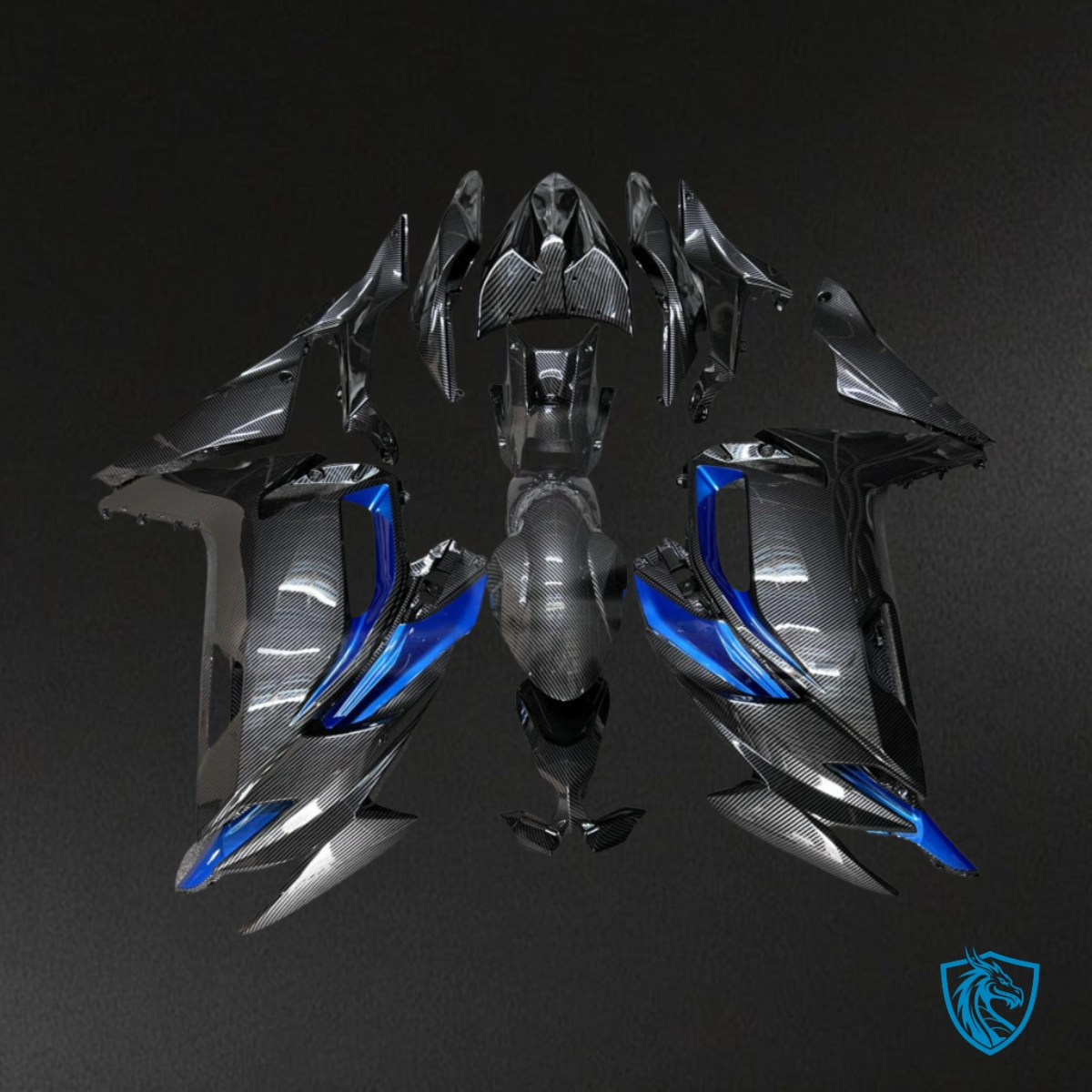 Kawasaki Ninja 650R (2020-2026) Gloss Black & Blue Carbon Fiber Fairing Kit | ABS Bodyworkk