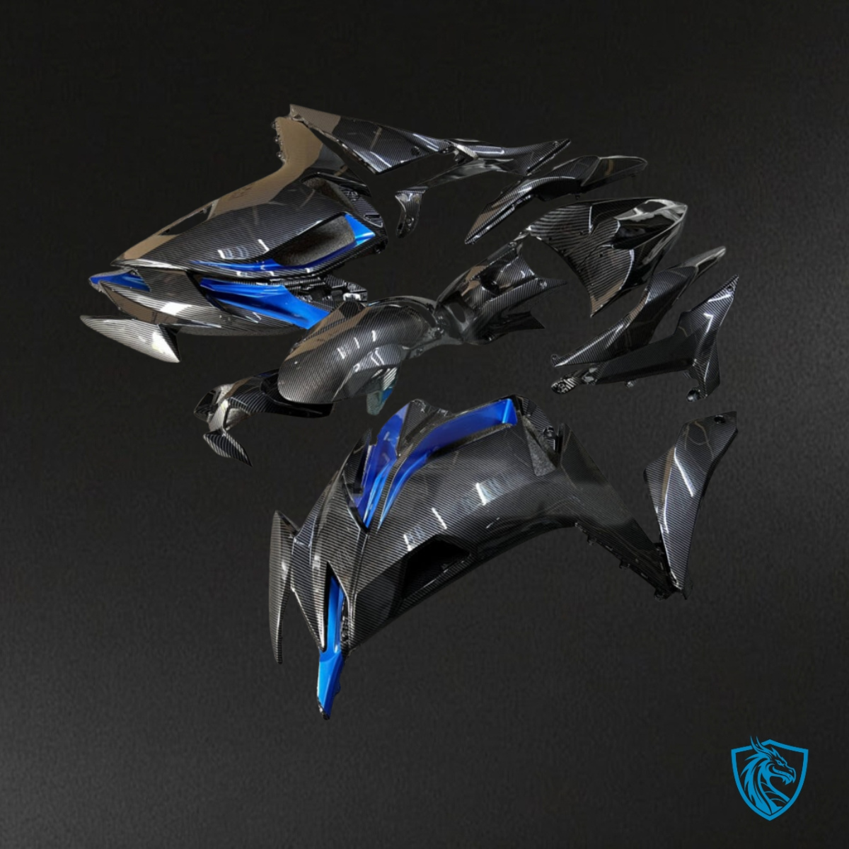 Kawasaki Ninja 650R (2020-2026) Gloss Black & Blue Carbon Fiber Fairing Kit | ABS Bodyworkk