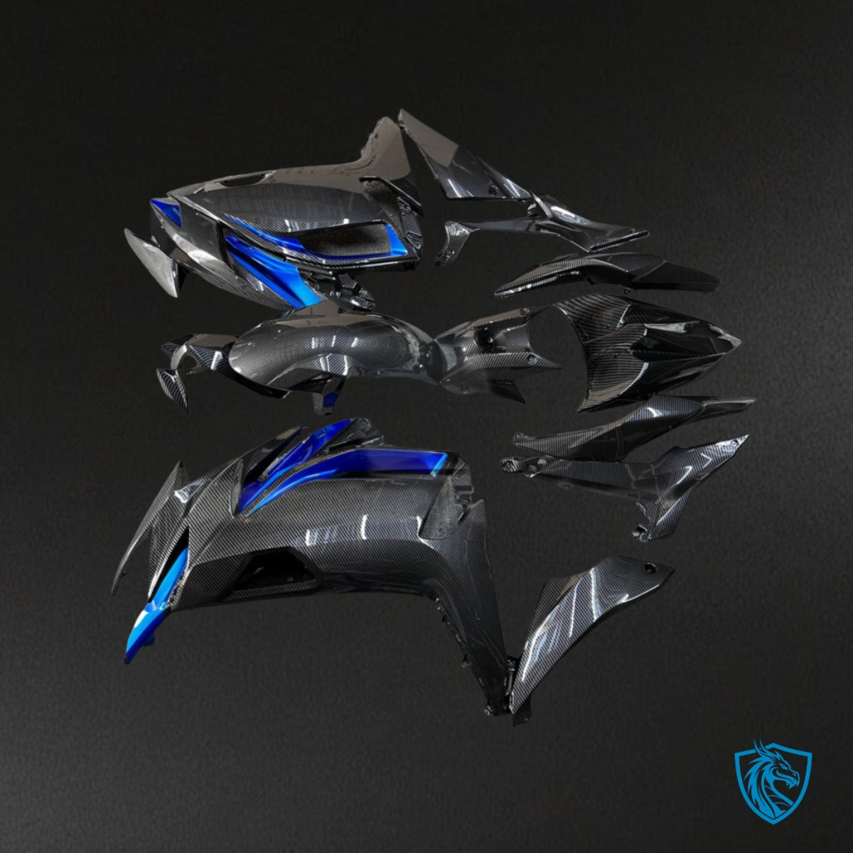 Kawasaki Ninja 650R (2020-2026) Gloss Black & Blue Carbon Fiber Fairing Kit | ABS Bodyworkk