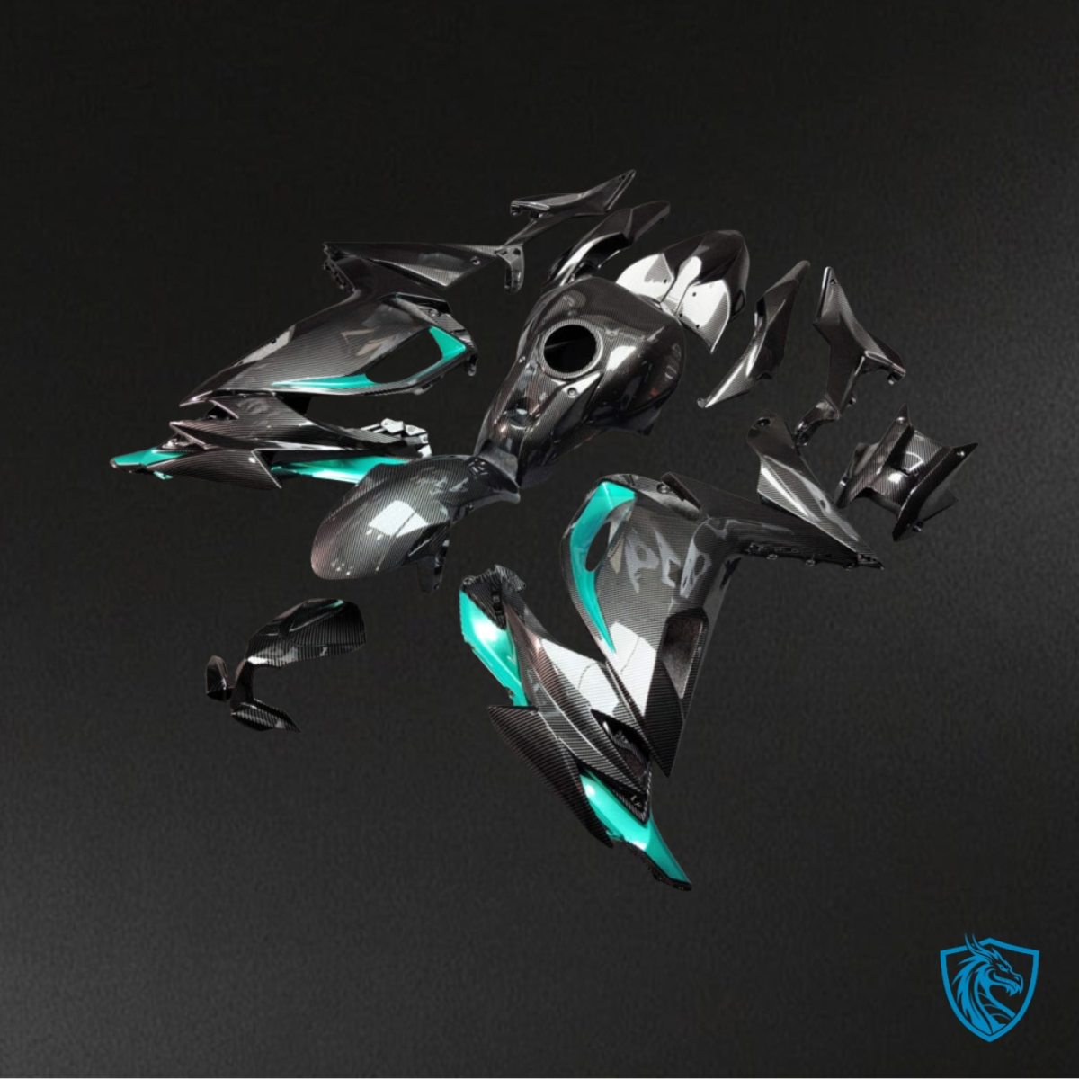 Kawasaki Ninja 650R (2020-2026) Gloss Teal & Black Carbon Fiber Style Fairing Kit | ABS Bodywork