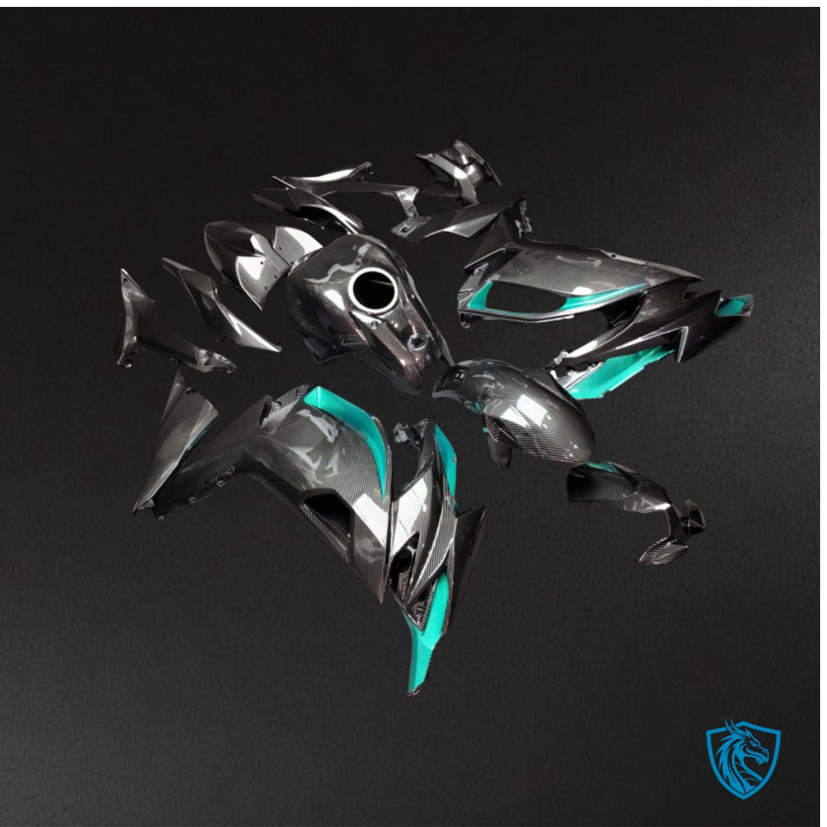 Kawasaki Ninja 650R (2020-2026) Gloss Teal & Black Carbon Fiber Style Fairing Kit | ABS Bodywork