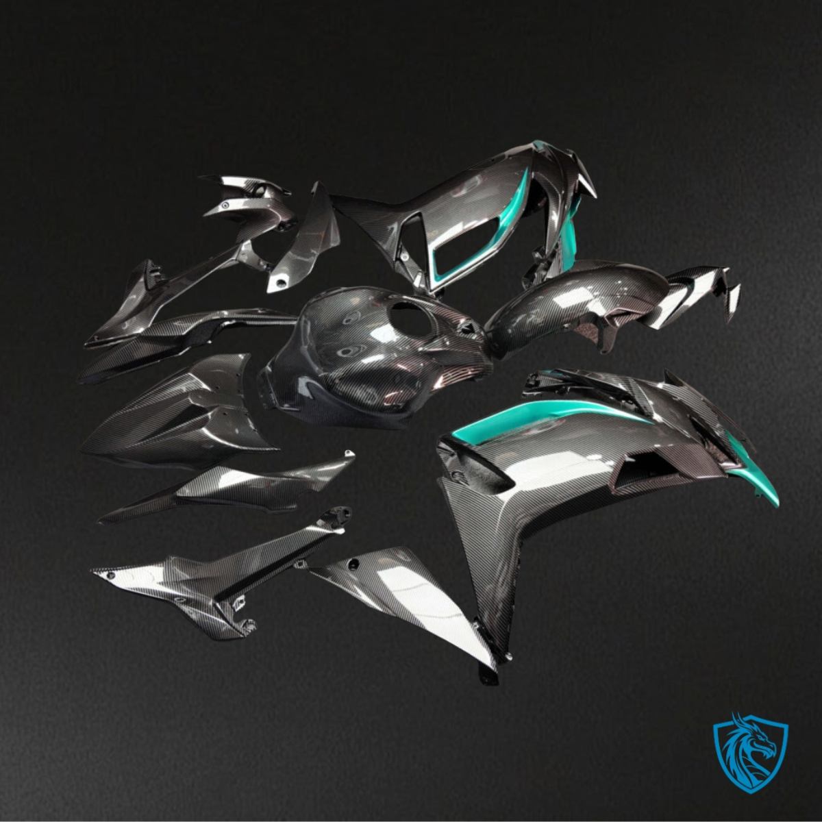 Kawasaki Ninja 650R (2020-2026) Gloss Teal & Black Carbon Fiber Style Fairing Kit | ABS Bodywork