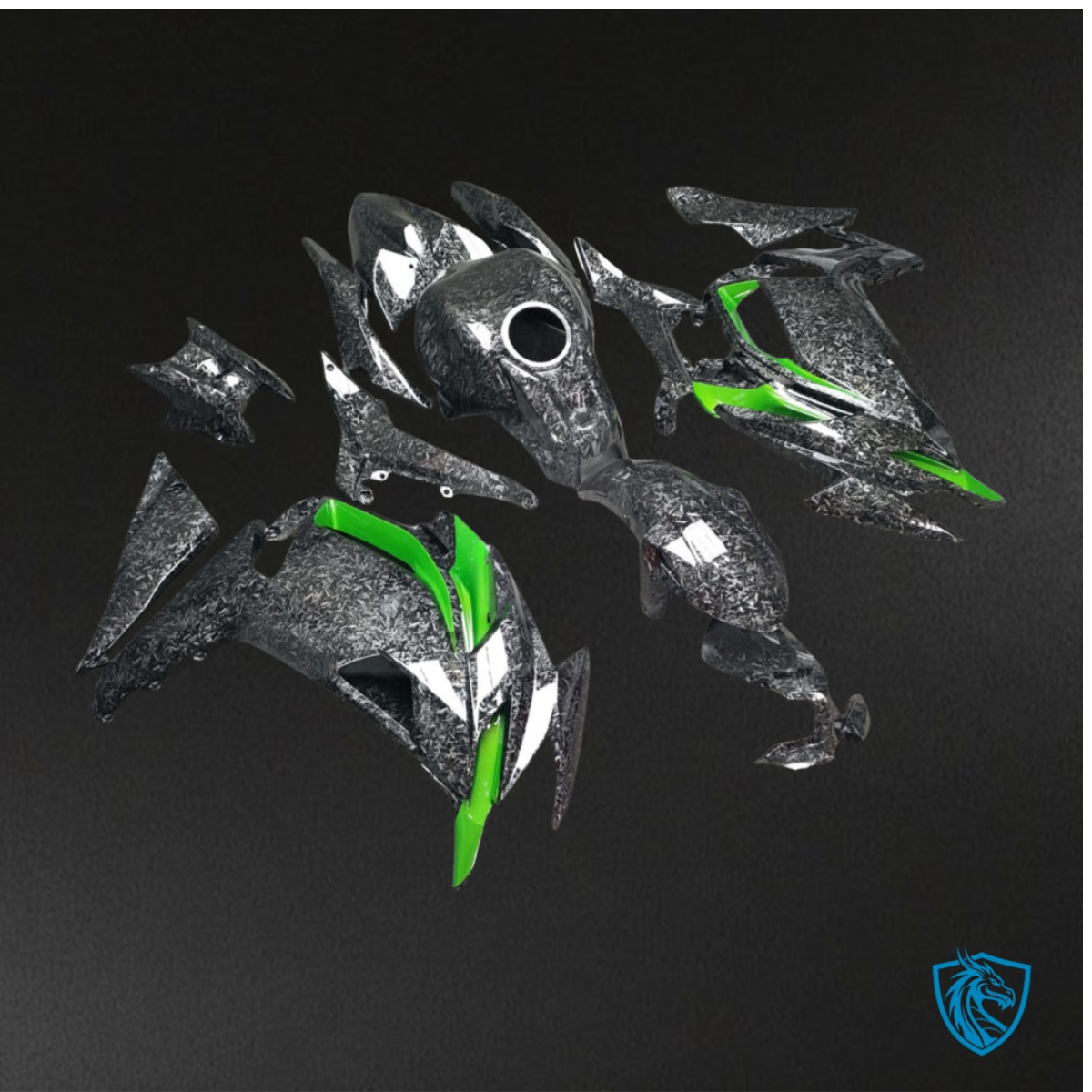 Kawasaki Ninja 650R (2020-2026) Gloss Green & Black Forged Carbon Fiber - Custom ABS Fairing Kit