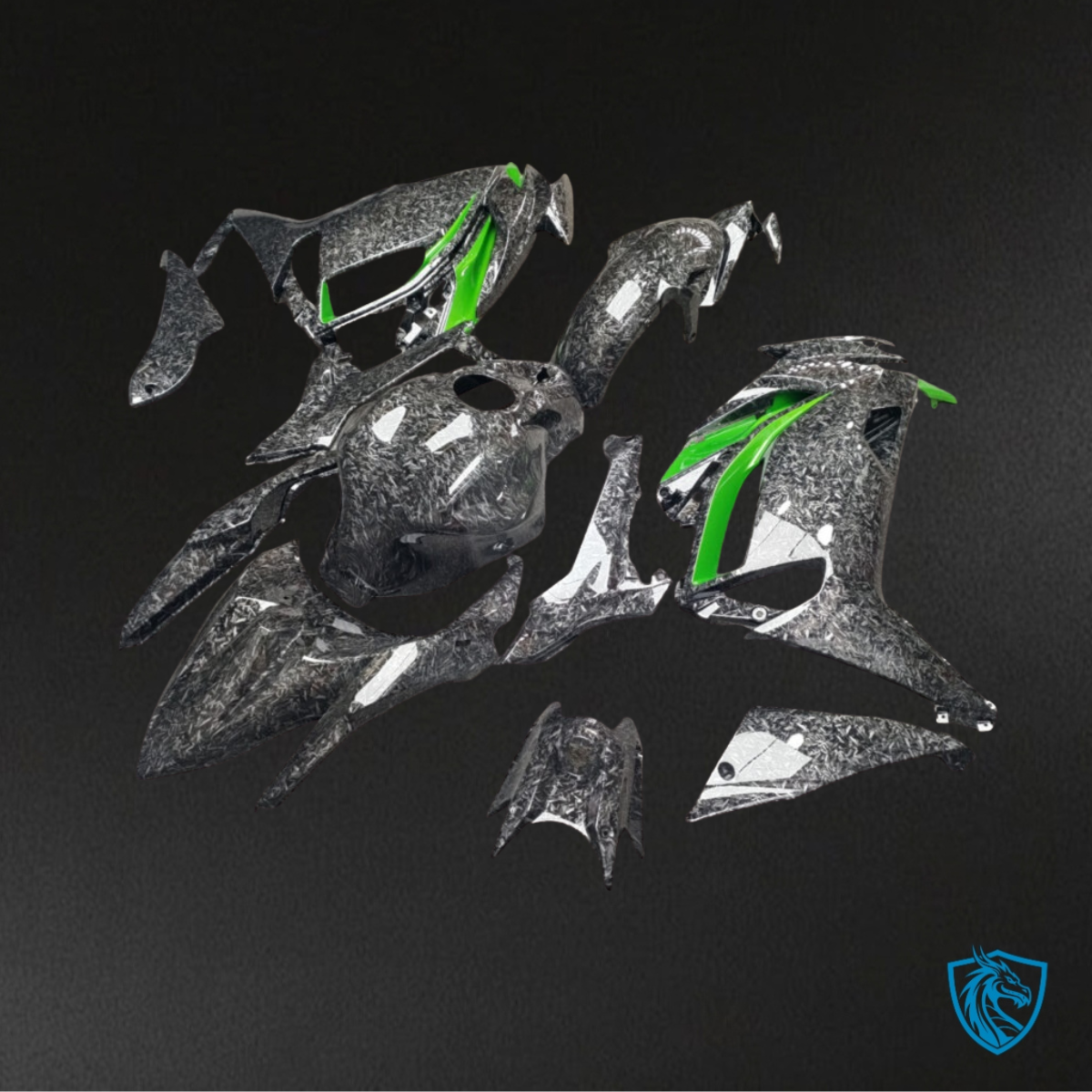 Kawasaki Ninja 650R (2020-2026) Gloss Green & Black Forged Carbon Fiber - Custom ABS Fairing Kit
