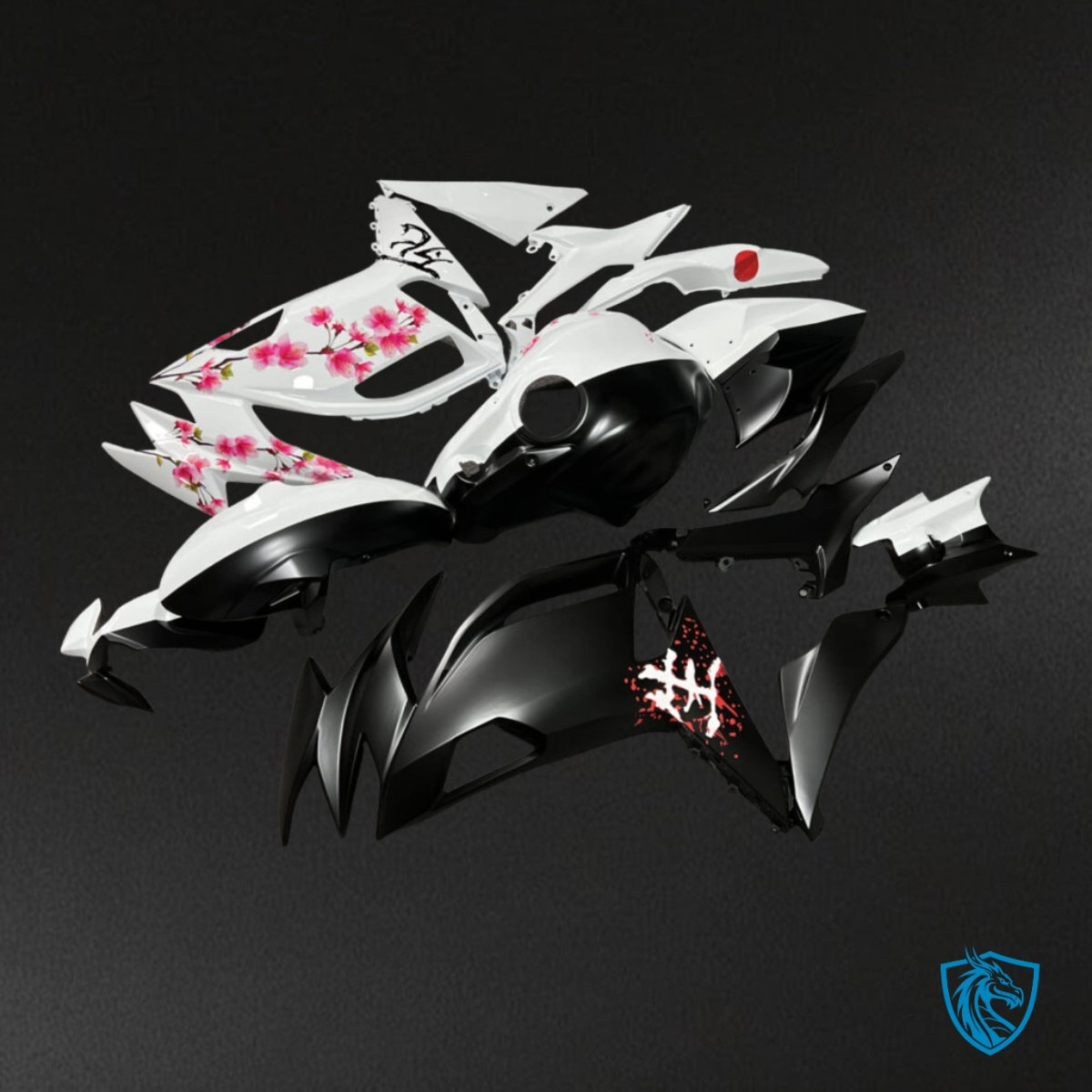 Kawasaki Ninja 650R (2020-2026) Matte Black & White Cherry Blossom Split - Custom ABS Fairing Kit